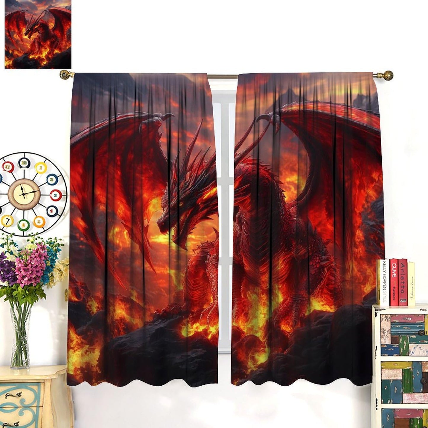 wlsgdsg Western Dragon Curtains for Boys,Fantasy Myth Red Volcano Lava Magic Wings Dragon Fire Breathing Window Treatments Print for Kids Teenage Bedroom Living Room 42x45in（No Blackout）