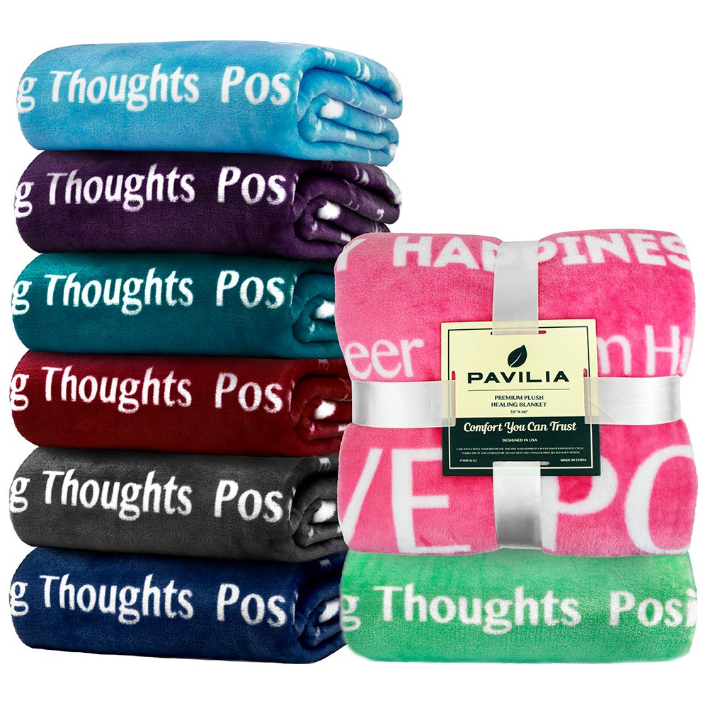 PAVILIA Healing Blanket Fleece, Get Well Soon Gift, Soft Hug Compassion Throw Blanket for Women Men, Comfort Caring Inspirational Patient Gift, Positive Thoughts Prayer Love Throw, 50x60 Navy Blue