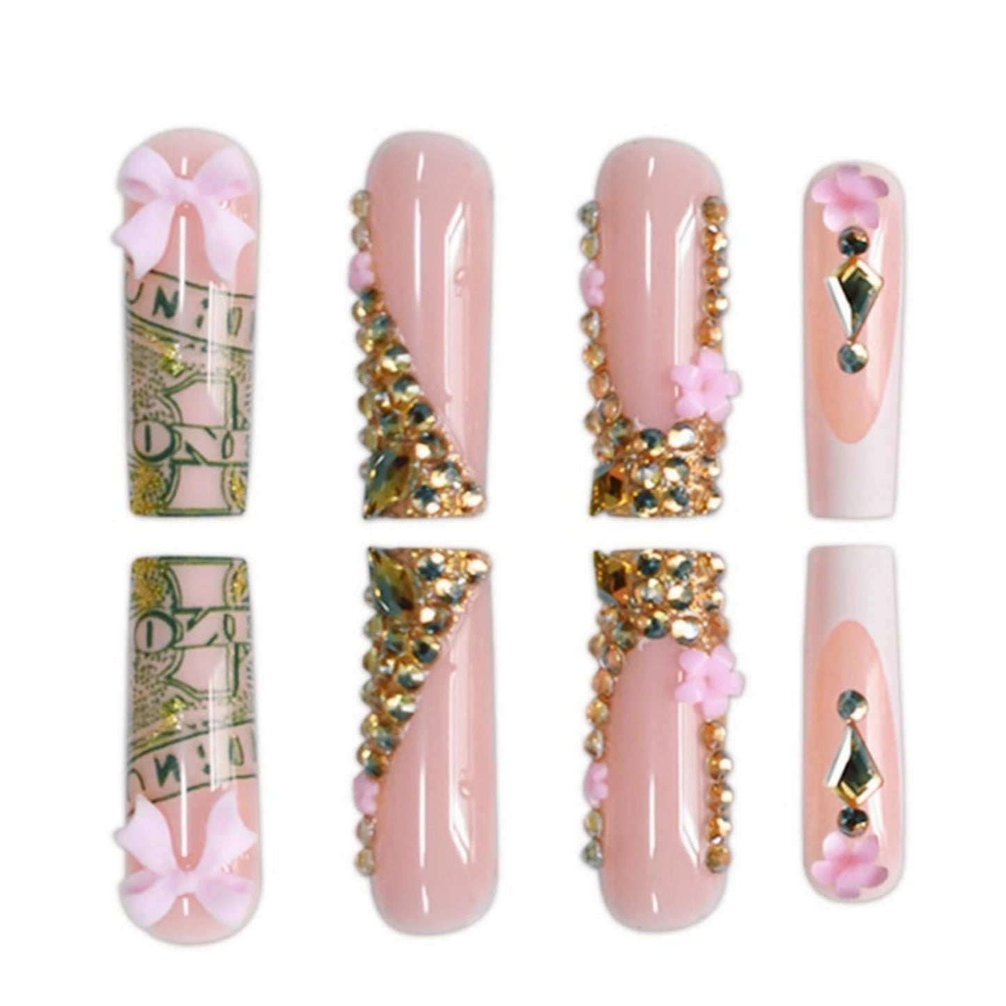 Long Press on Nails Square Fake Nails Extra Long Artificial Nail Rhinestones and Pink Bow Designs Stick on Nail for Women 24pcs