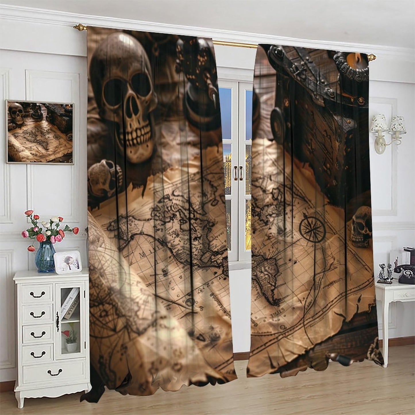 HDESDIS Mystical Pirate Treasure Blackout Curtains for Bedroom, Grommet Drapes Thermal Insulated Room Darkening Retro Skeleton Nautical Map Curtains, 21W x 45L, 2 Panels