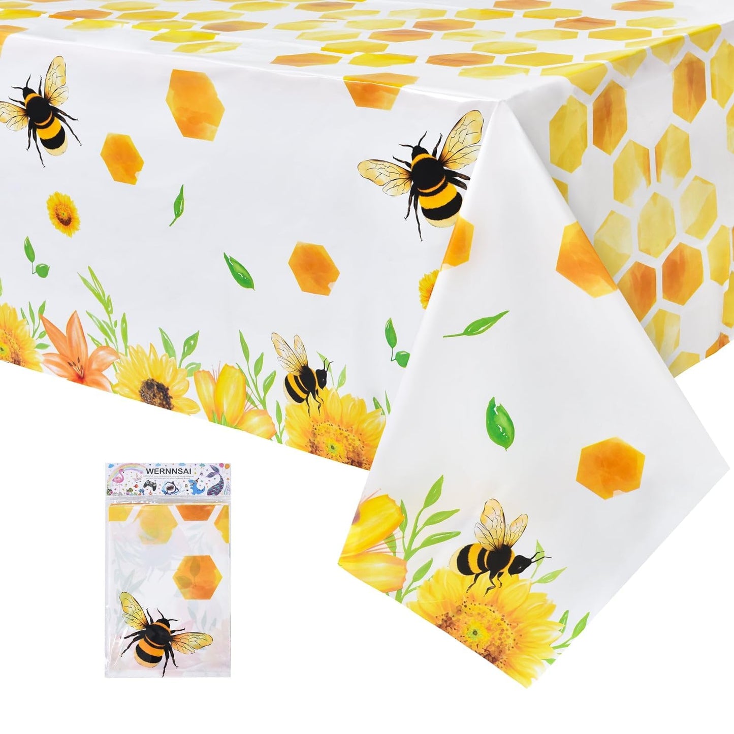 WERNNSAI Bee Tablecloth - 1 Pack 108"x54" Disposable Plastic Table Cover