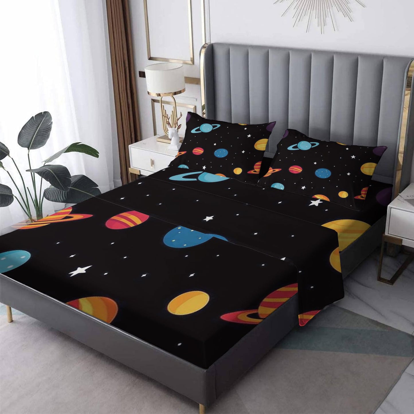 NOGAWA Outer Space Sheets California King Size, Planet Cartoon Boys Girls Bed Sheets, Bedding Sheets & Pillowcases 4 Piece Set - Soft Microfiber Deep Pocket Fitted Sheet & Flat Sheet & 2 Pillow Cases