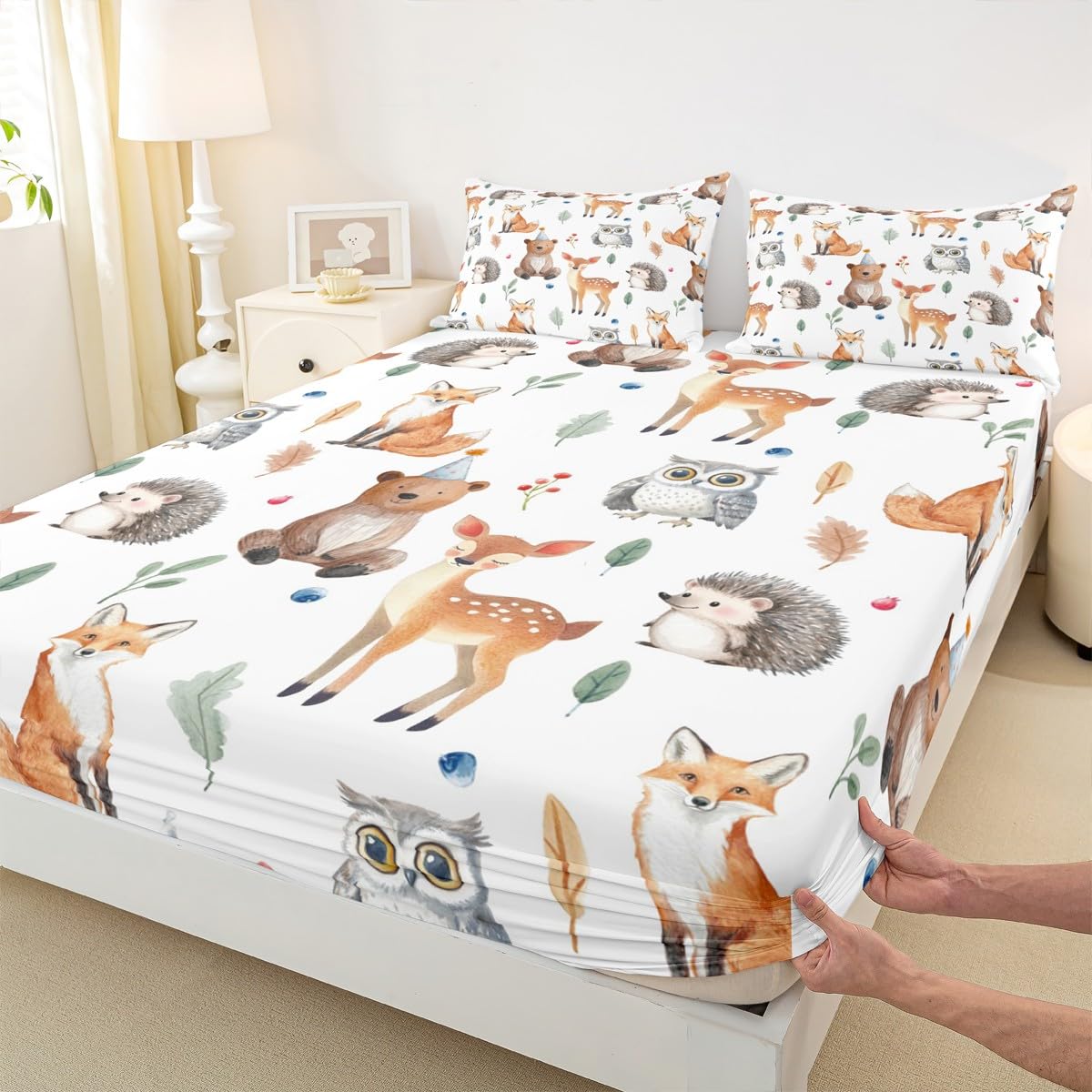 Feelyou Kids Cartoon Fox Sheet Set Cute Bear Bed Sheets Set for Boys Teens Decor Kawaii Owl Print Sheets with Deep Pocket Fitted Sheet Botanical Leaf Pattern Bedding Set Bedroom 4Pcs Full
