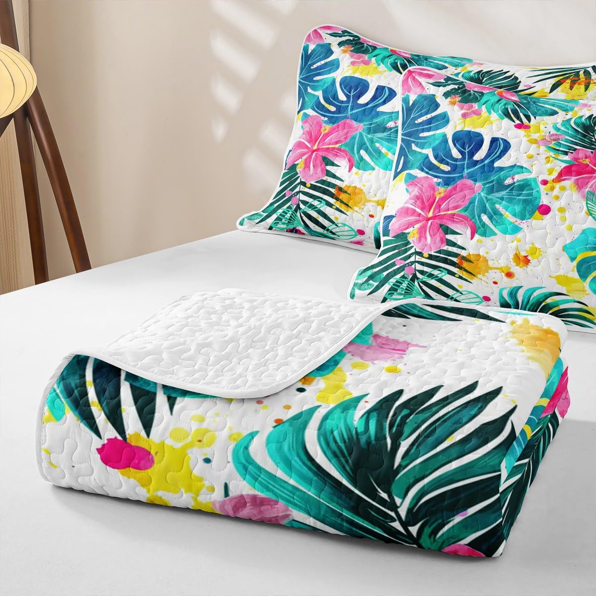 Erosebridal Palm Leaves Quilt Set Twin Summer Hawaiian Quilt Tropical Botanical Floral Bedding Coverlet Watercolor Graffiti Bedspread