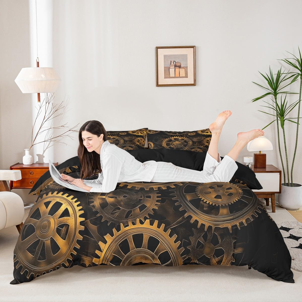 Erosebridal Golden Ndustrial Gear Bedding Set Full Size Steampunk Style Duvet Cover Clocks Theme Comforter Cover for Boys Men Mechanical Device Bedspread Cover, Black
