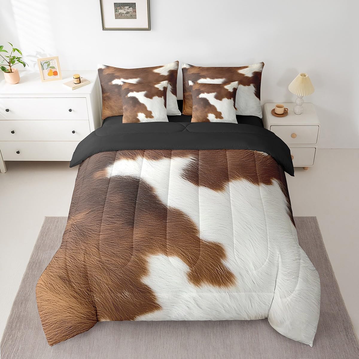 Erosebridal Cute Cow Print King Bedding Set 7 Piece for Boys Brown White Cowhide Bed in A Bag for Kids Teens Youth Adult Wildlife Animal Skin Comforter Set with Sheetwestern Cowboy Bed Sets