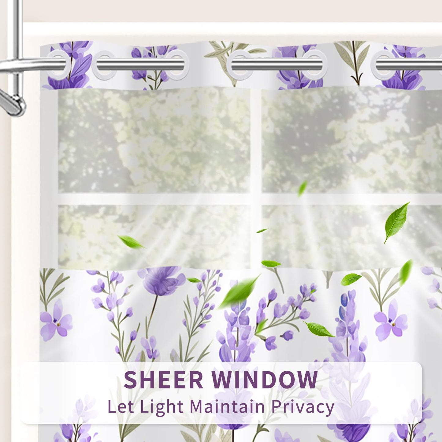 Leowefowa No Hook Shower Curtain and Waterproof Liner Set, Lavender Botanical Bath Curtain, Purple Watercolor Print, Light Fabric Bathroom Curtain with See Through Mesh Top Window, 71x74 Inch
