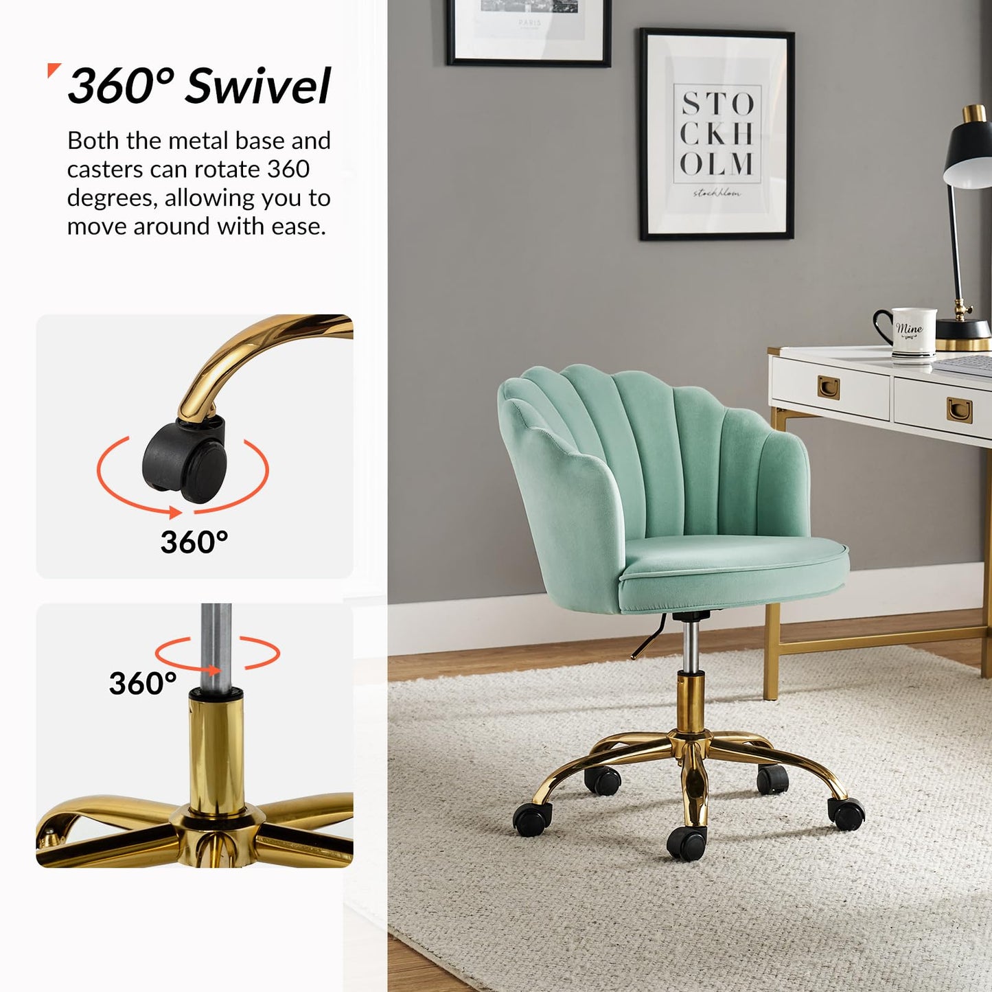 HULALA HOME Velvet Home Office Chair with Gold Base, Womans Modern Cute Shell Back Upholstered Desk Chair for Vanity, Adjustable Swivel Task Chair for Living Room, Sage