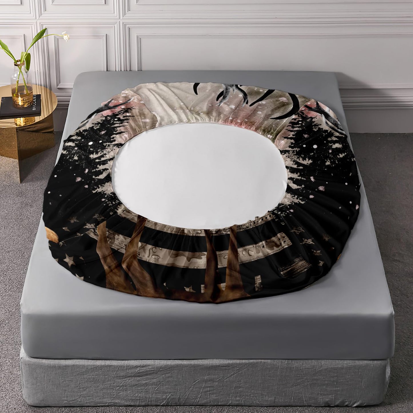 HOSIMA Snowy Forest Animal Bedding Set with 2 Pillowcases,Camo American Flag Twin Bed in a Bag Set for Adults Teen Mens Bedroom Essentials,Wildlife Elk Deer Fitted Sheet Deer Bedding.
