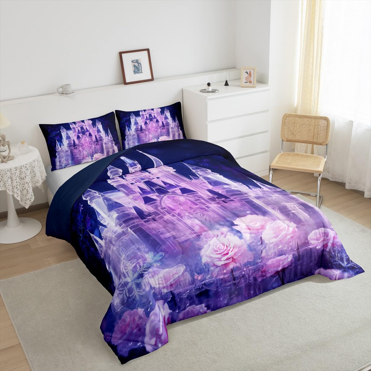 Erosebridal Purple Pink Princess Twin Bedding Set for Girls Kids,Romantic Rose Floral Comforter Set for Women,Magical Castle Toddler Bedding Set Kawaii Room Decor,Snowflake Flowers Quilt Bed Set 2Pcs