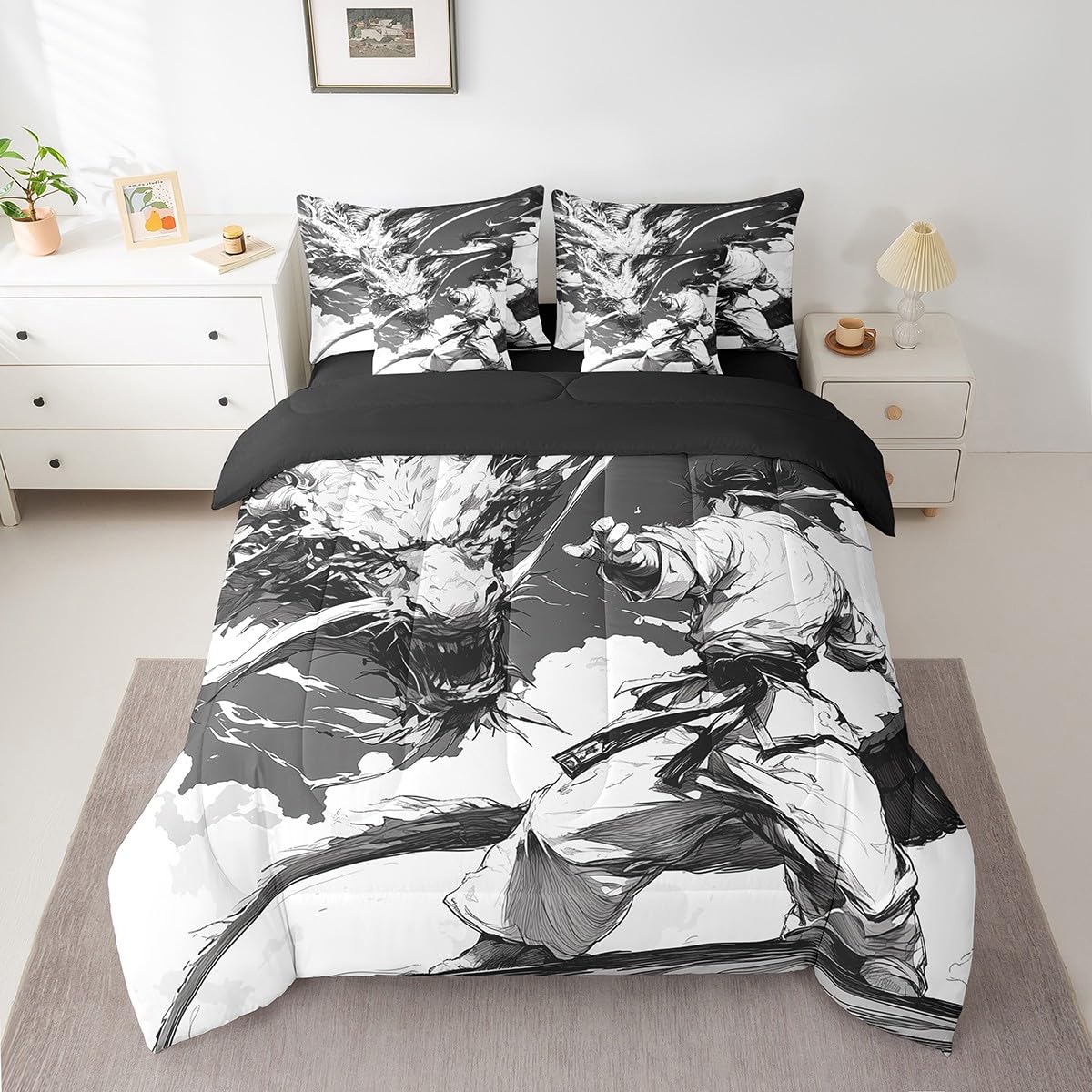 Feelyou Kids Taekwondo 7 Pieces Bedding Set Queen Size, Japanese Sports Bed in A Bag Samurai Comforter Set with Sheets Boys Girls Dragon Teens Bed Set Bedroom Decor 7Pcs