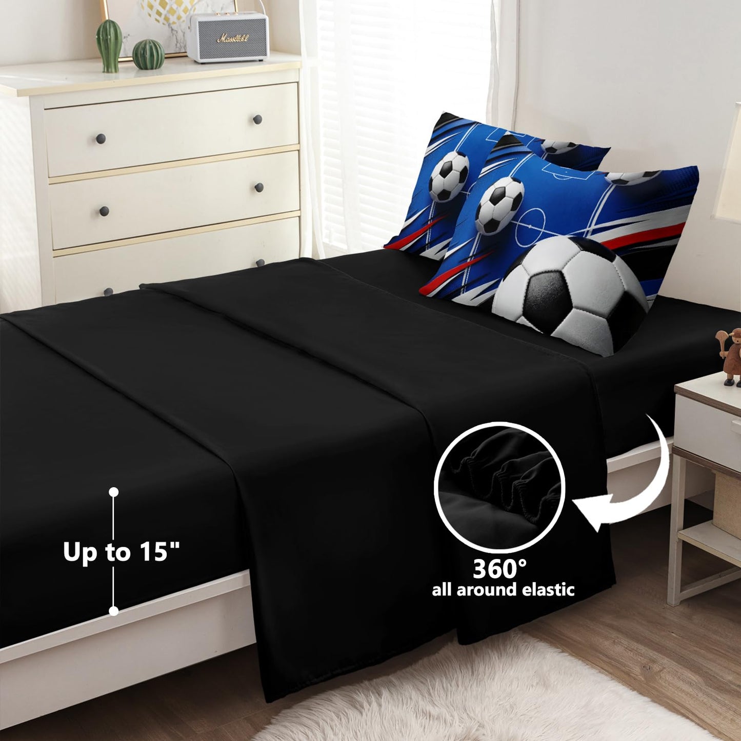 HICAND 5 Pcs Soccer Full Bedding Set for Boys Teens, Full Size Sports Blue Soccer Field Boys Comforter Set with Sheets