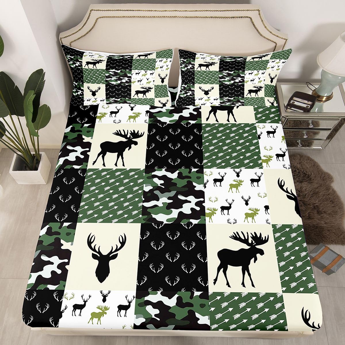 Army Green Camouflage Bedding Set, Camo Deer Silhouette Fitted Sheet for Kids Boys Teens Antlers Boho Arrows Bed Sheet Grid Militarily Fitted Bed Sheets 3 Pieces, Full Size(No Top Sheet)