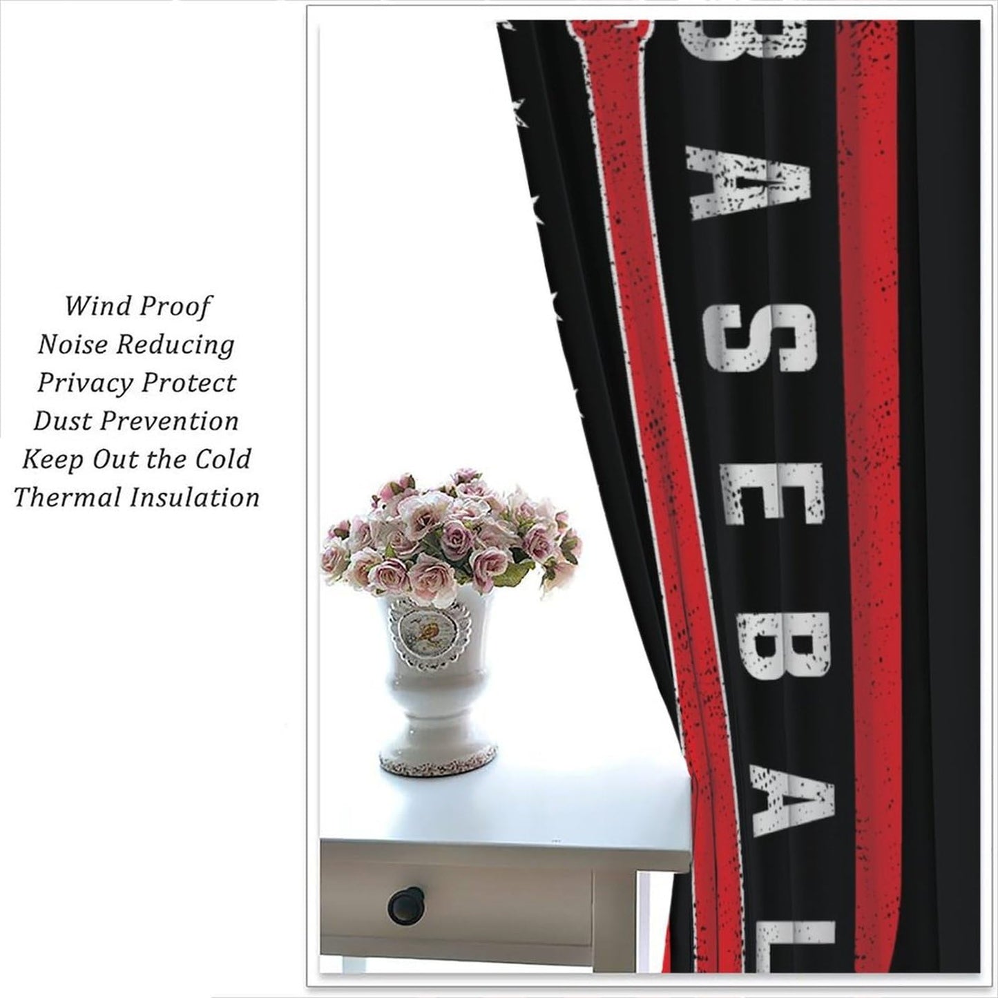 Baseball Curtains Home Décor,Sports Themed Flag Design Darkening Window Treatments for Teens Girls Boys Bedroom Living Room Drapes 2 Panel Sets Total Size 42" x 45"Black Red