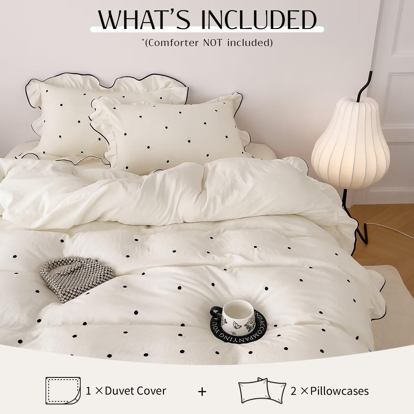 AMZTOP Duvet Cover Queen Size Polka Dot Beige 3 Pcs(1 Duvet Cover with 2 Pillowcases),Soft Washed All Seasons Comforter Covers with Ruffles,Cute Queen Bedding Set for Teen Girls 90"×90"