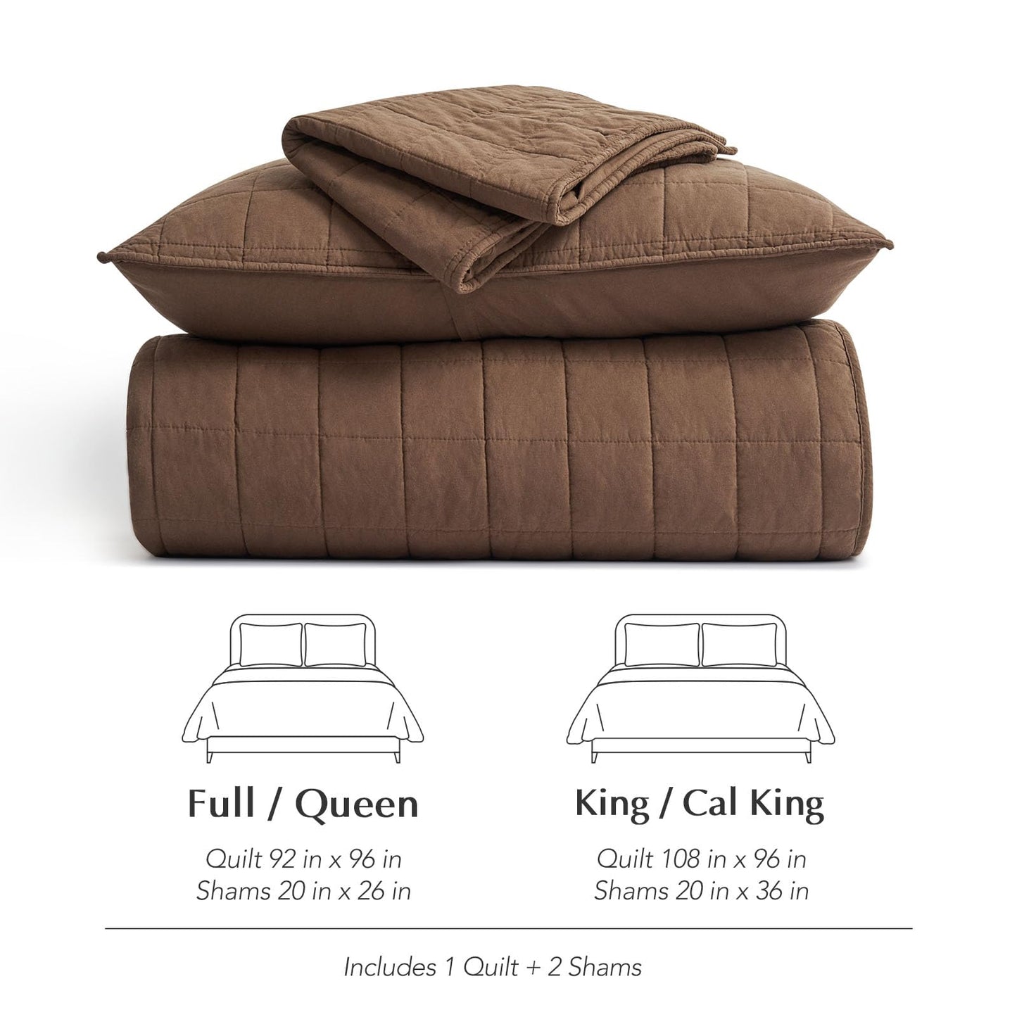 EVERGRACEHOME 100% Cotton Box Stitch Quilt Bedding Set Queen Size 3 Pieces, Garment-Washed Lightweight Soft Cozy Coverlet, Quilted Bedspread Sets with 2 Shams for All Season, Sienna Brown