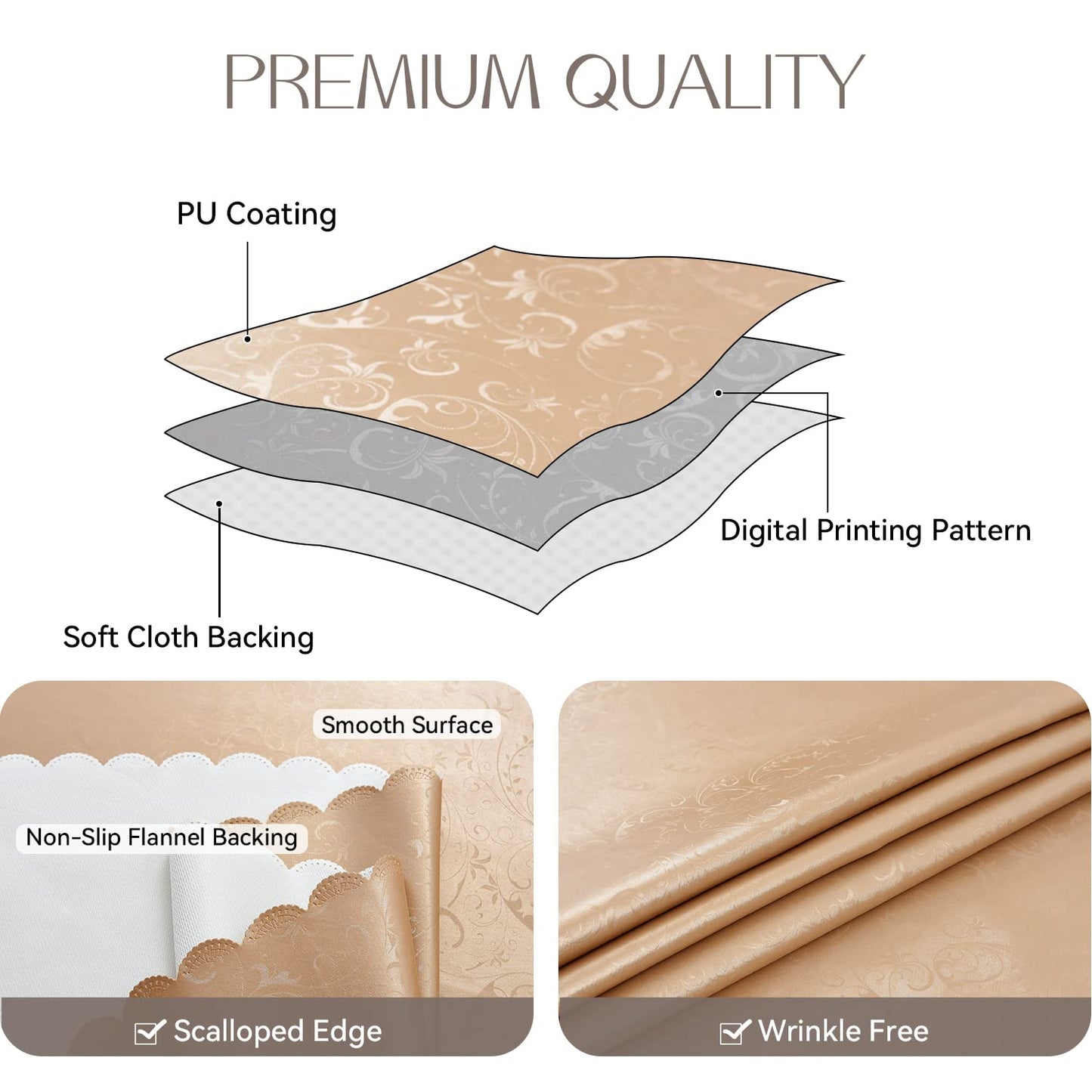 Romanstile Rectangle Vinyl Tablecloth,100% Waterproof Heavy Duty Oil Spill Proof Stain Resistant Plastic PU Table Cover with Flannel Backing for Kitchen, Dining (Flower Champagne, 52 x 70)