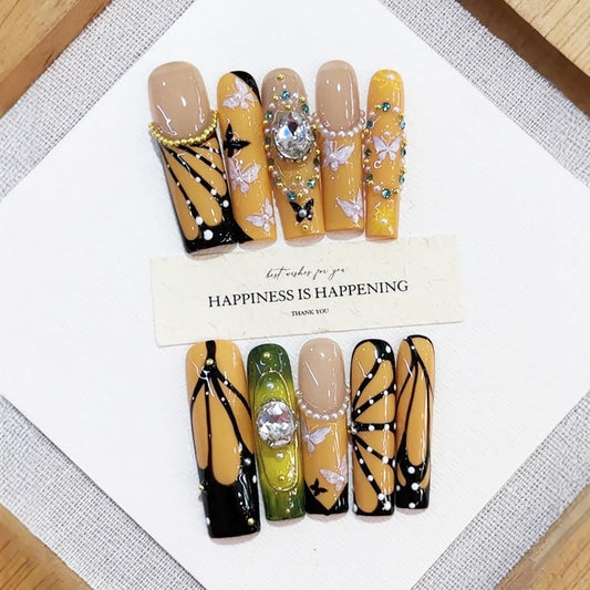 Handmade Press on Nails Long Square Fake Nails French Tip Yellow with 3D Butterfly Designs luxury Glossy Rhinestones Cute Acrylic Nails for Women 10pcs (Size M）