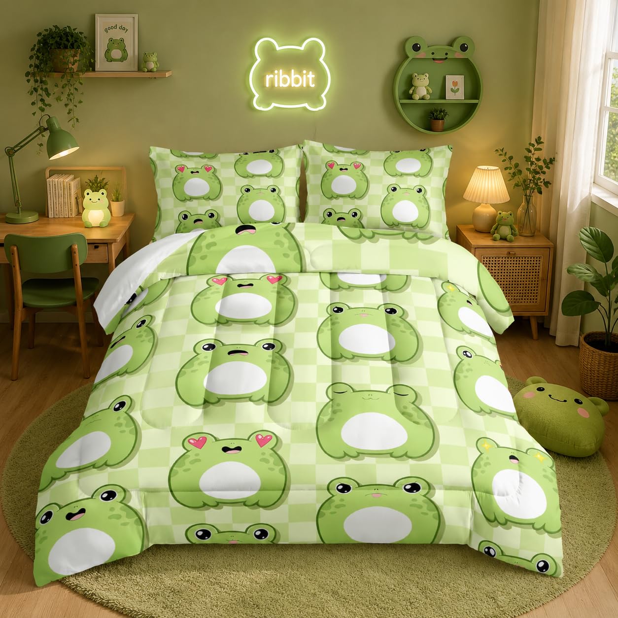 Nttopship Cartoon Frog Comforter Bedding Set with 2 Pillowcase Full Size Cute Animals Comforter Set for Kids Boys Girls Bedroom Decor