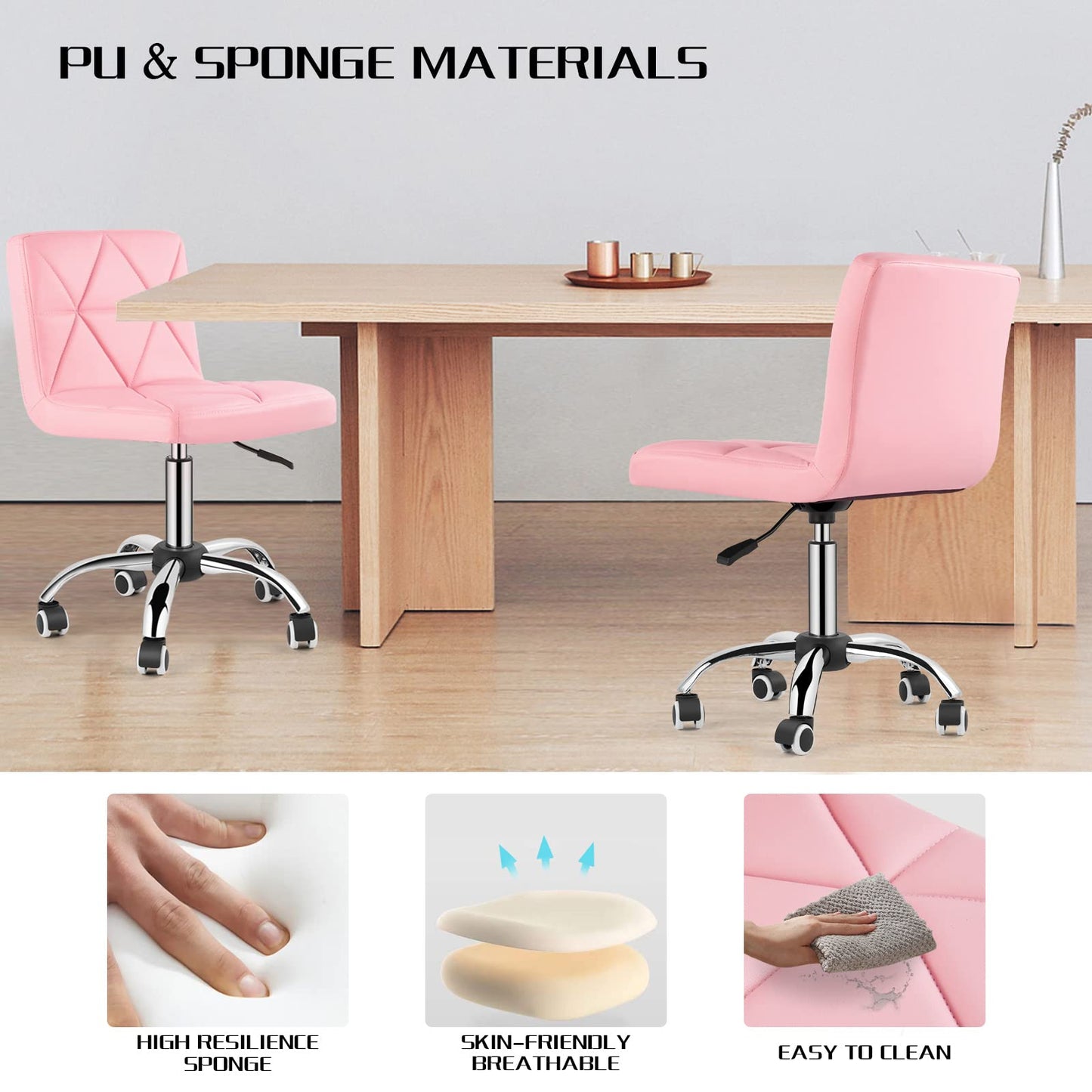 COSVALVE Armless Desk Chair, Mid Back Swivel Office Chair, Adjustable Task Chair with Rolling Wheels and Diamond Pattern, for Home Computer Barber, Pink