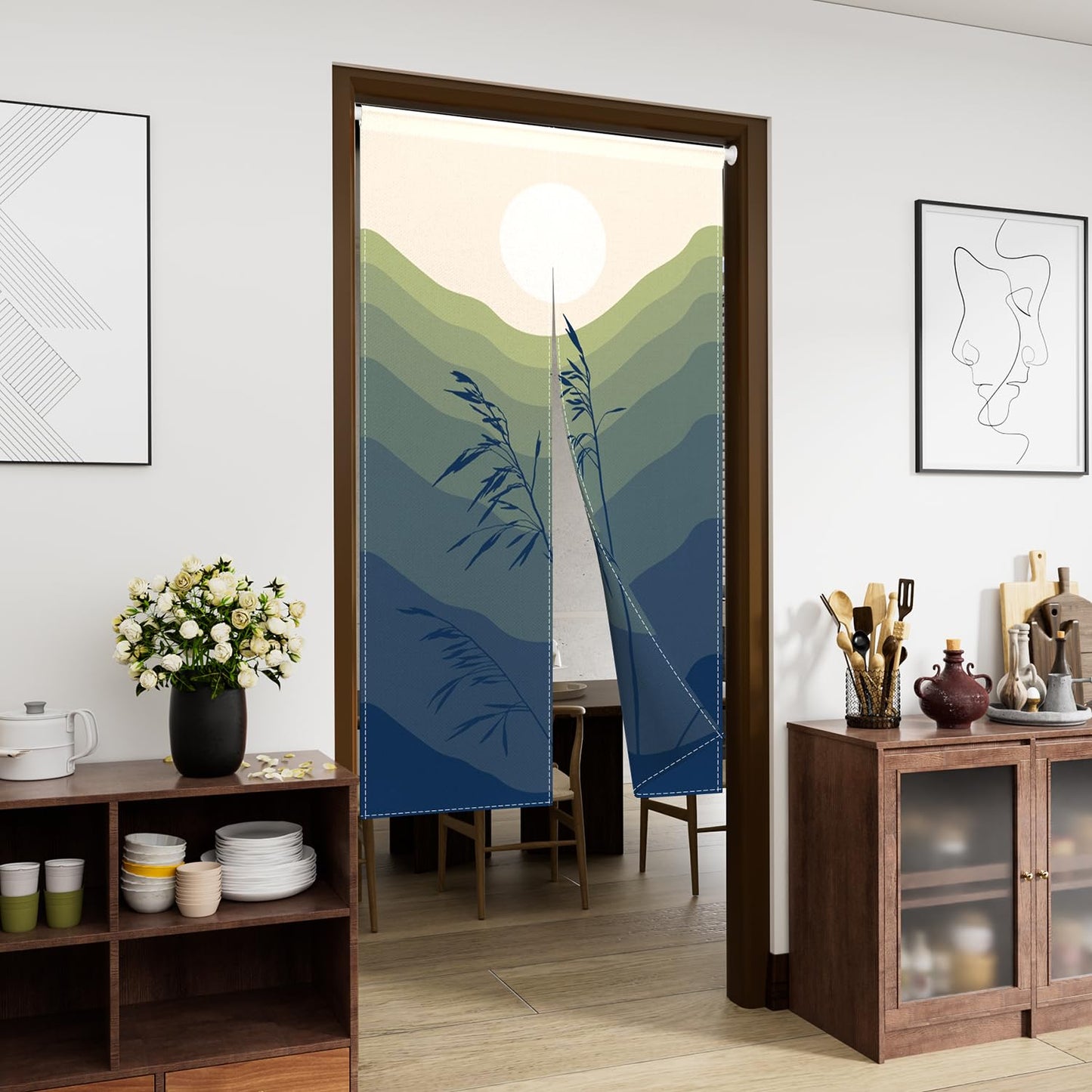 Leowefowa Japanese Double Sided Doorway Curtain Noren Green Mountain Sun Door Hanging Chinese Style Ink Painting Tapestry Window Treatment Bedroom Partition Kithchen Bathroom Door Decor33.5"x 70.9"