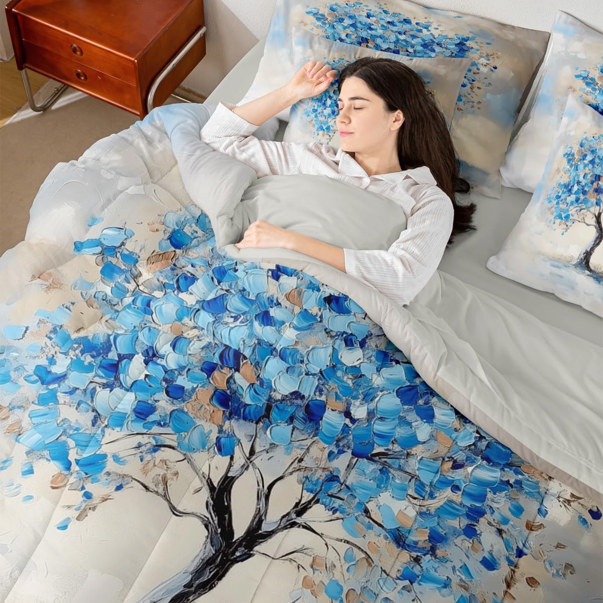 Dark Blue Tree Branches Pattern 7 Pieces Bedding Set Twin Size Kids Leaf Branches Bed in a Bag with Comforter, Pillowcases Fallen Leaves Bed Set Breathable Botanical Room Comforter Set with Sheets