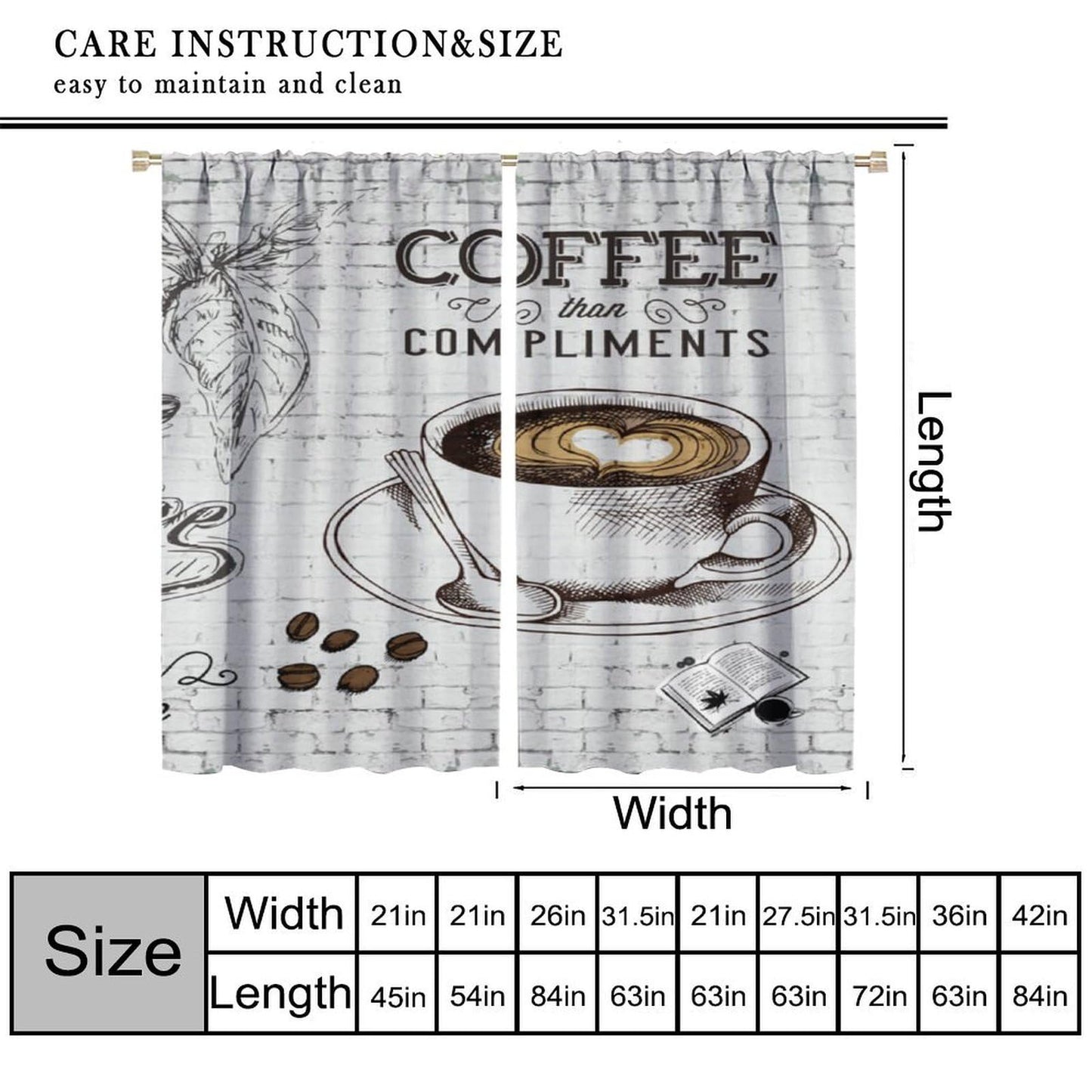 Coffee Kitchen Curtains Vintage Hand Drawn Coffee Themed Curtains Rod Pocket Window Treatment for Bedroom Living Room 2 Panels 41"x 45"(No Blackout)