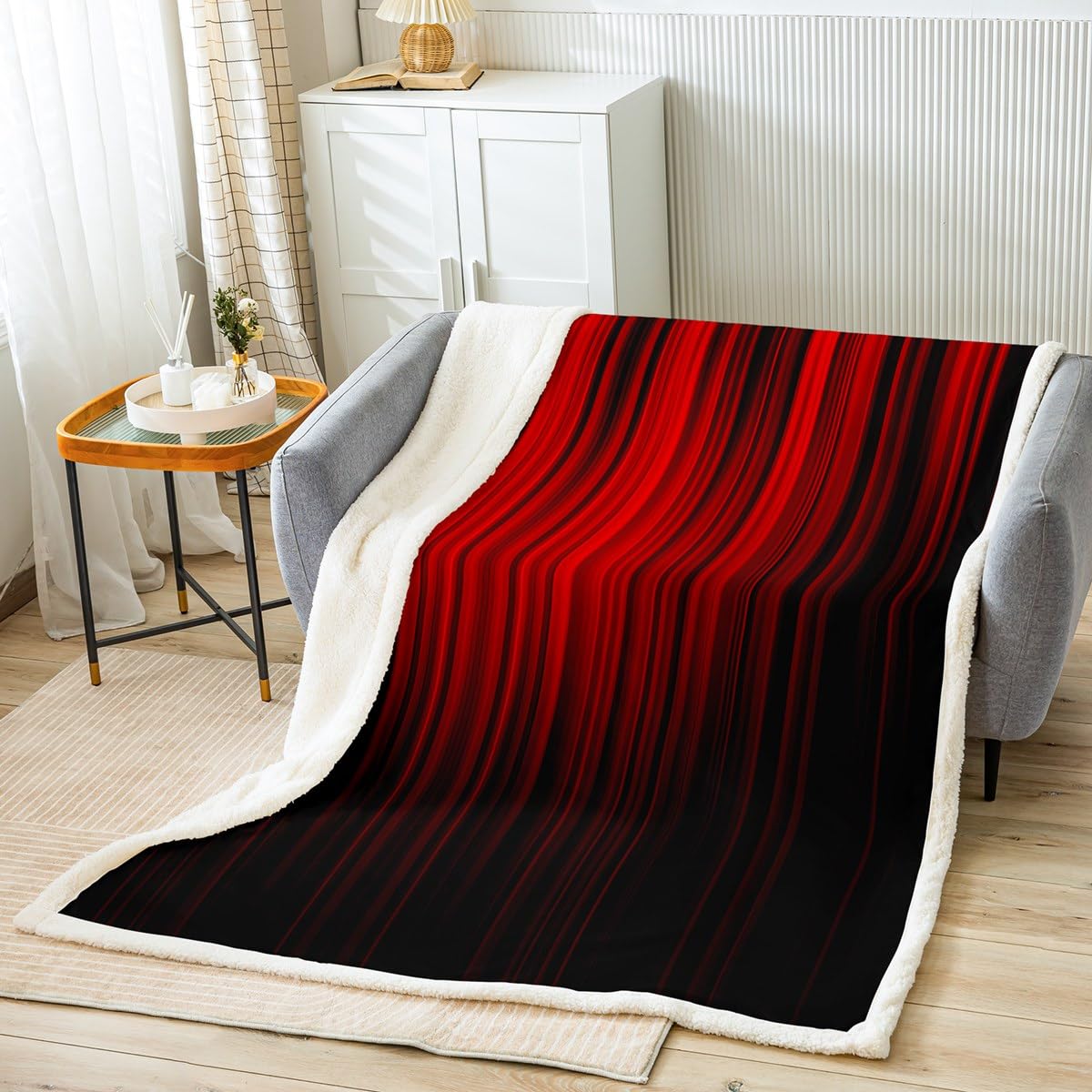 Feelyou Abstract Ombre Fleece Throw Blanket Throw 50"x60" Kids Red and Black Striped Plush Blanket for Bed Sofa Couch Boys Girls Teens Modern Fashion Sherpa Blanket Geometric Stripes Fuzzy Blanket