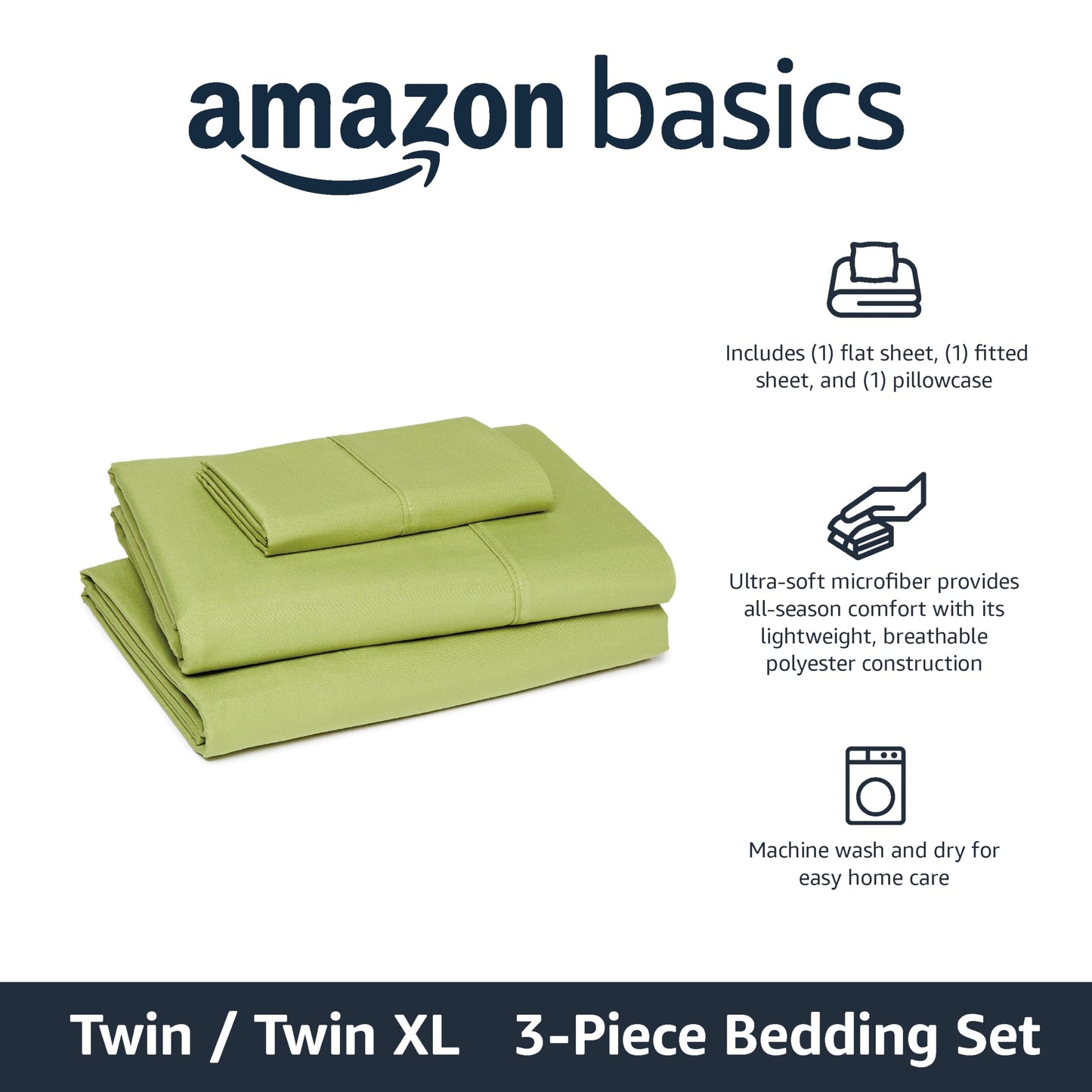 Amazon Basics Lightweight Microfiber 3-Piece Bed Sheet Set, Twin XL, Oliver Light, Solid