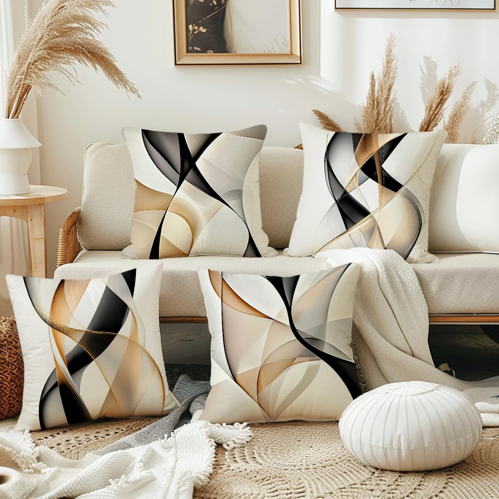 LSMIAO Modern Abstract Geometric Throw Pillow Cover, 18x18 inch, White Black Gold, 100% Polyester, Hidden Zipper, Set of 4