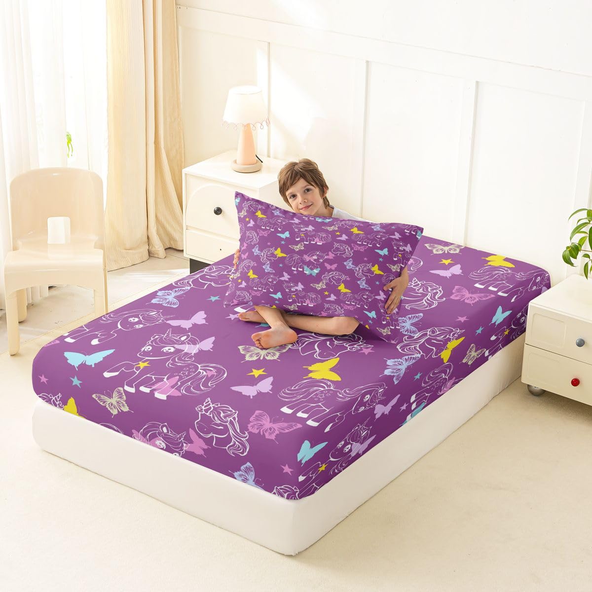 Feelyou Cute Unicorn Fitted Sheet with 1 Pillowcase Twin Size Purple Butterfly Bed Sheets Set 16" Deep Pocket Boys Girls Princess Unicorn Bedding Dreamy Horse Teens Bedroom Decor Breathable Soft