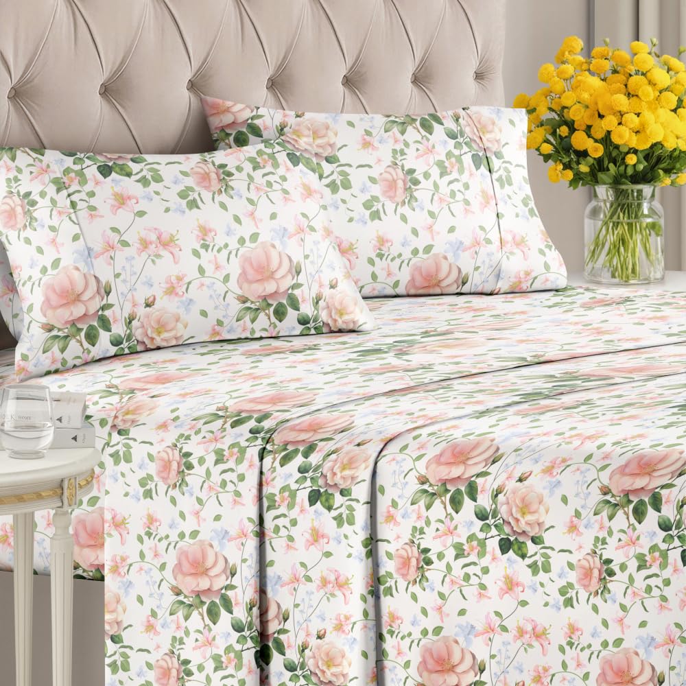 Floral Sheets - Pink Floral Rose Bed Sheet Set - 1 Flat, 1 Fitted & 2 Pillowcases w/ Deep Pockets - Comfy, Wrinkle & Fade Free Boho Botanical Bedding - Ultra-Soft, Breathable & Cooling - King Size New