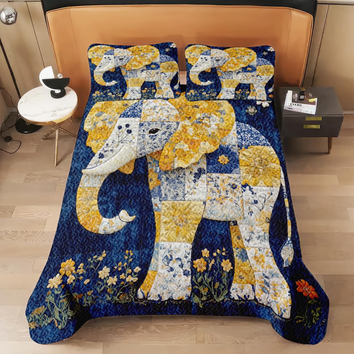 Jeminise Elephant Quilt Set, Animal Patchwork Printed Quilt Bedset, Patchwork Style Quilts Twin Full Queen Size Elephant Pattern Blanket Bedspread, Elephants Bed Set Bedding Gift