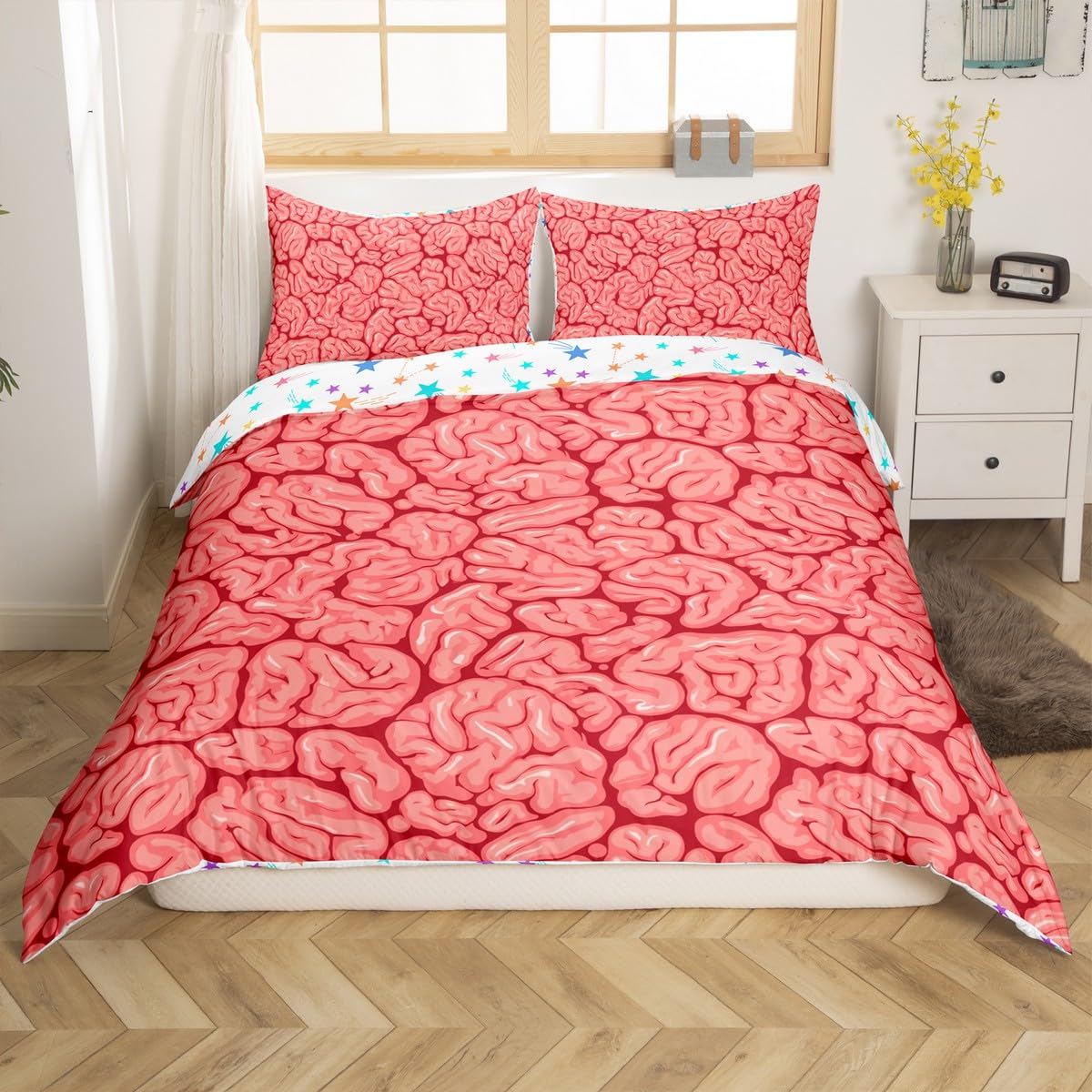 Feelyou Halloween Theme Bedding Set Queen Size Kids Pink Comforter Cover Set for Boys Girls Teens Brain Design Duvet Cover Human Brain Bedspread Cover（No Comforter