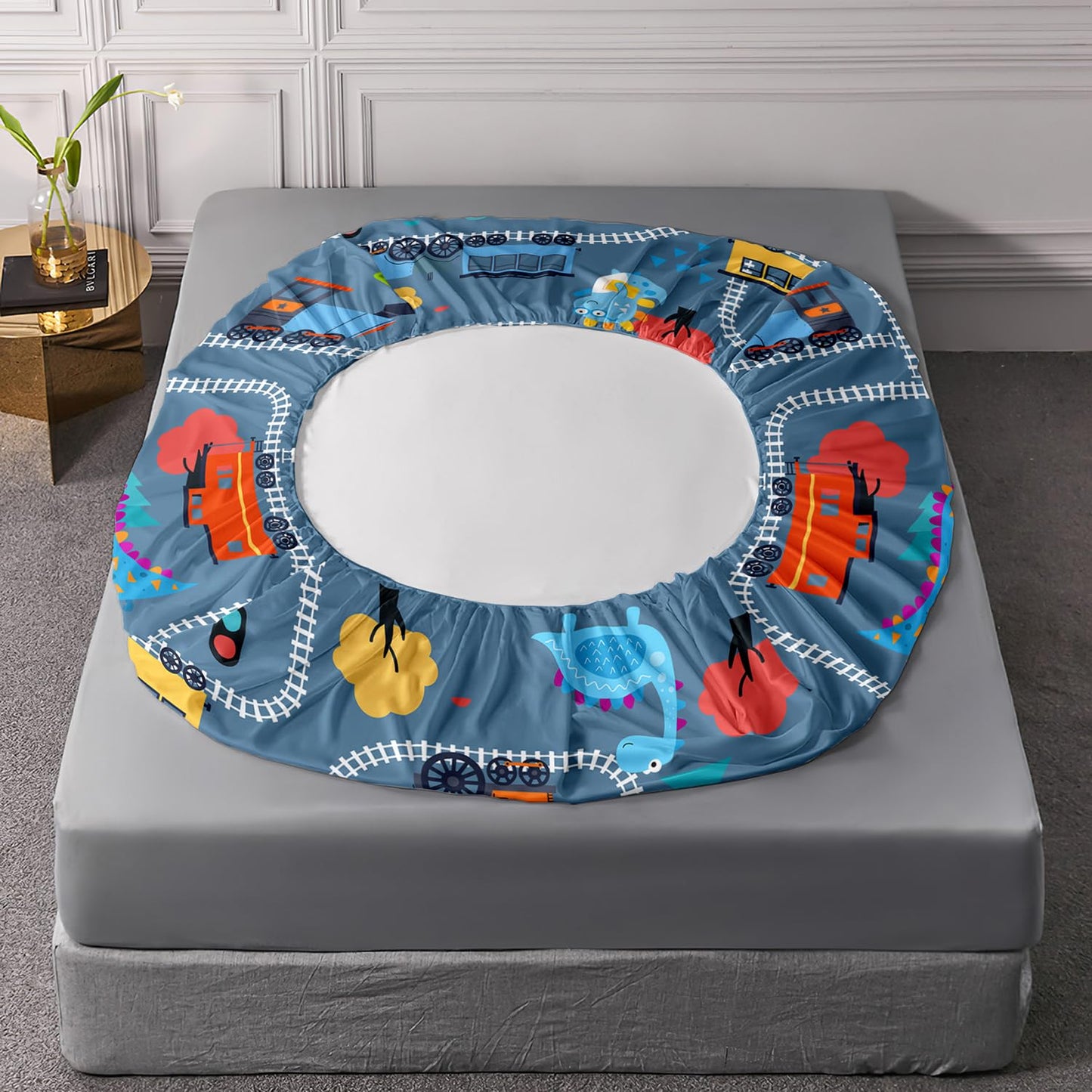 AILONEN Cartoon Train Fitted Sheet Set Twin Size, Railroad Train Printed Bedding Set for Kids,Cute Dinosaur Bed Sheet Set for All Season,3-Pieces,1 Sheet Set with 2 Pillowcases,Soft,Breathable