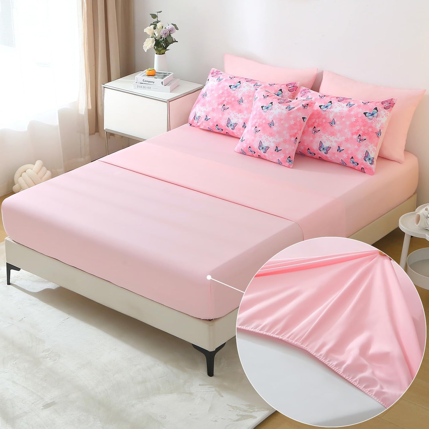 JQinHome 6 Piece Butterfly Comforter Set Twin, 3D Pink Flower Printed Bedding Set, All Season Microfiber Butterfly Theme Home Decor Bedding for Girls with Sheet Sets (Pink)