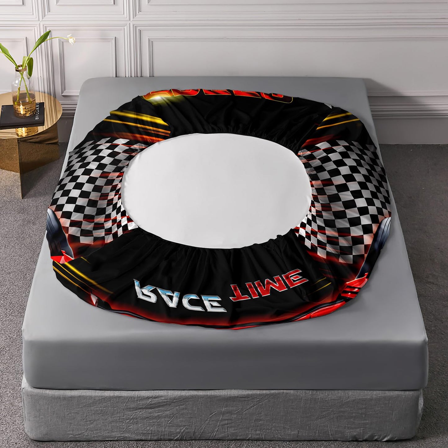 UEVBF Red Cars Bedding Fitted Sheet Set Twin Size,Black White Checkered Racing Flag Fitted Sheet,Race Car Room Decor for Kids Boys,Cool Sports Themed Bedding Sets,1 Fitted Sheet+2 Pillowcases.