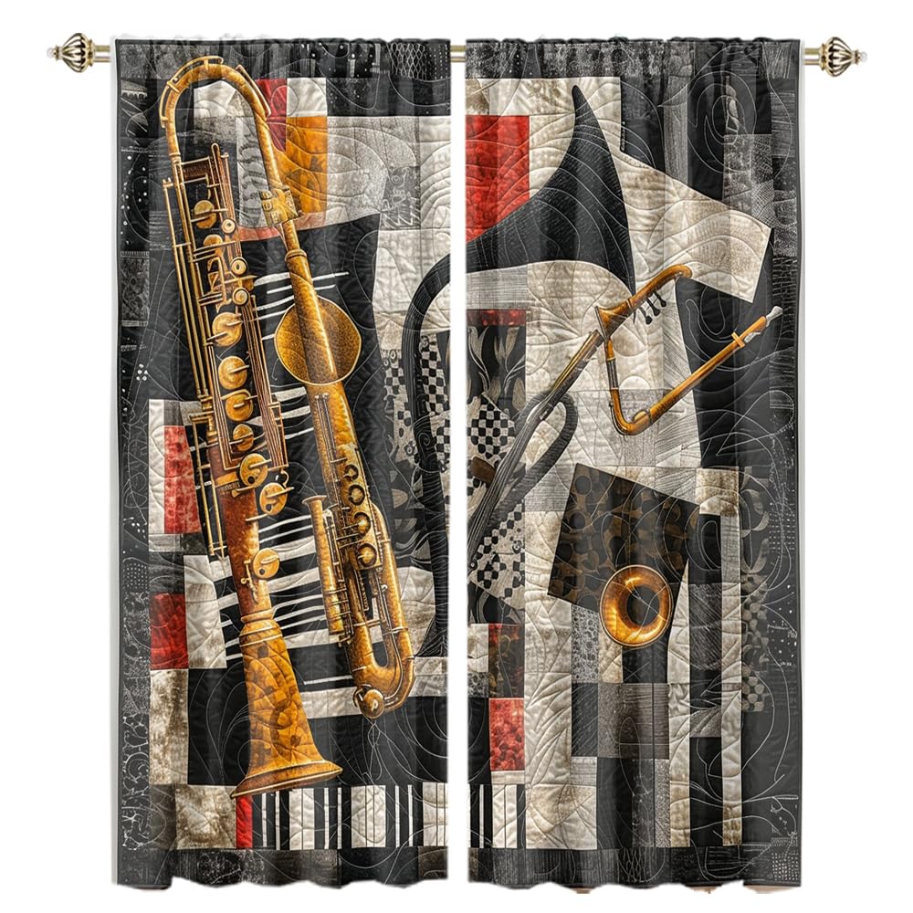 XSUPFLYM Vintage Jazz Music Instrument Window Thermal Curtain for Living Room Rustic Abstract Art Old Antique Saxophone Musician Blackout Curtains for Bedroom 2 Panels Each 21" W x 54" L