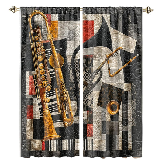 XSUPFLYM Vintage Jazz Music Instrument Window Thermal Curtain for Living Room Rustic Abstract Art Old Antique Saxophone Musician Blackout Curtains for Bedroom 2 Panels Each 21" W x 54" L