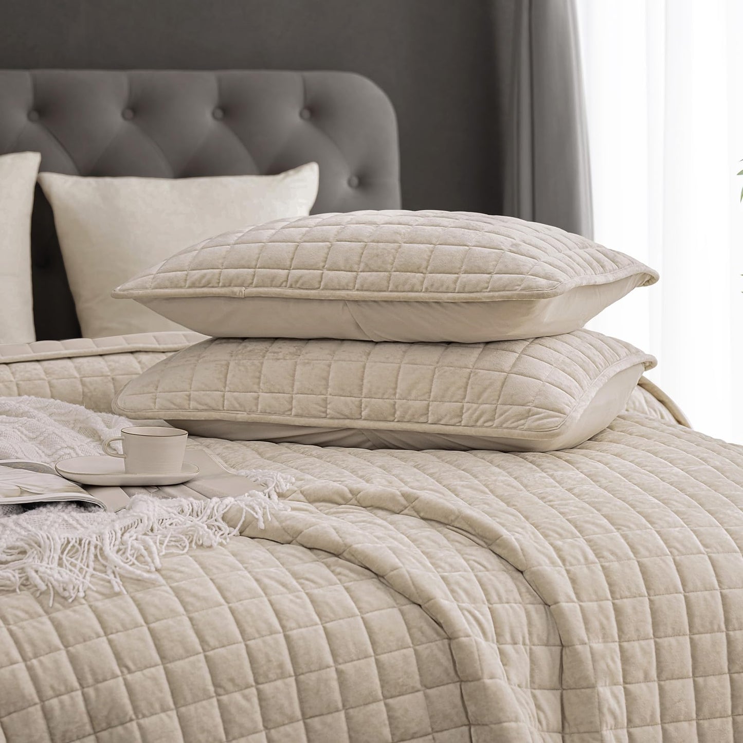 PHF Luxurious Velvet Quilt Set Queen Size – 3PCS Super Soft Quilted Comforter Alternative with Square-Box Quilt Pattern, Warm Quilted Bedspread Coverlet, 90" x 92", Oxford Tan