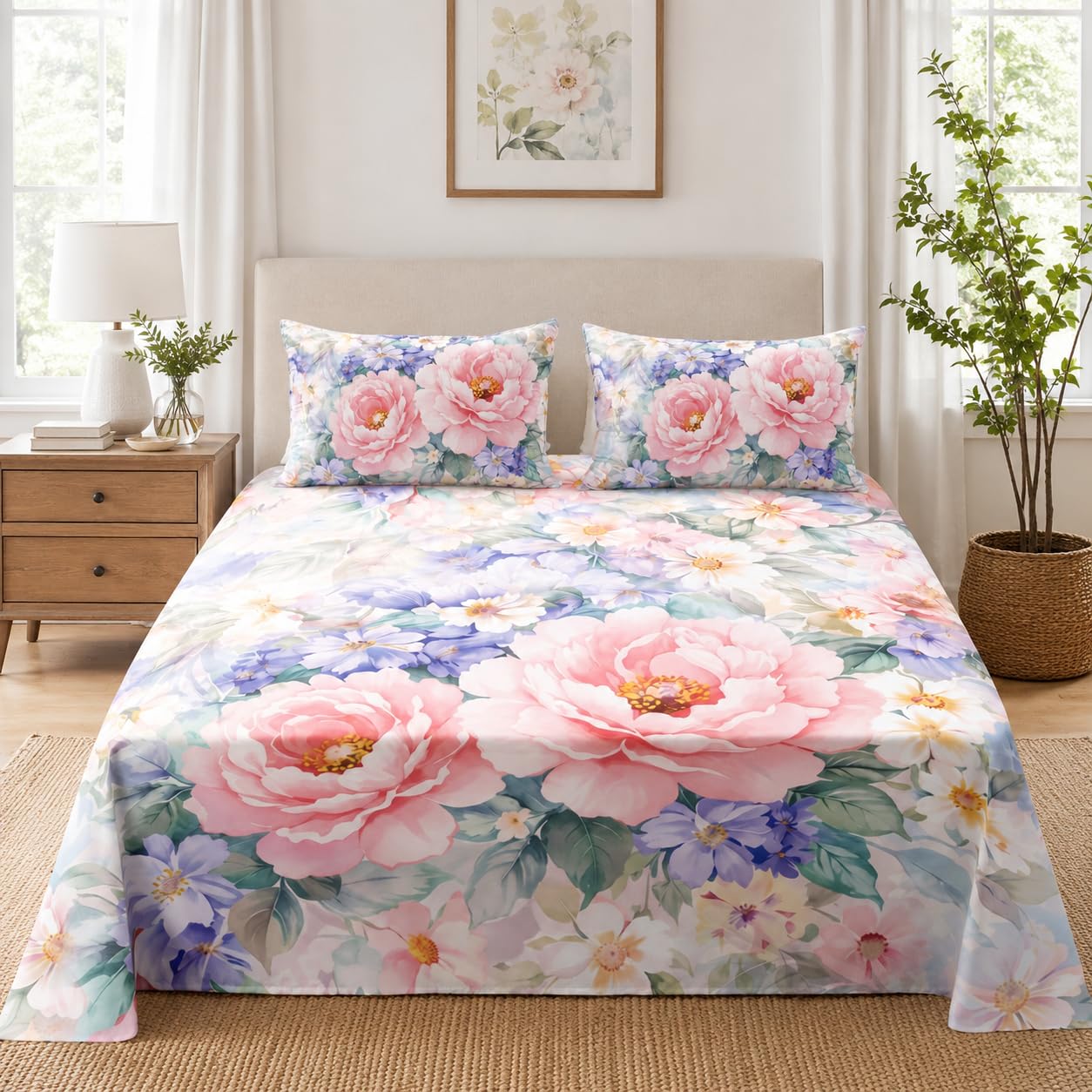 YIYEA Queen Sheet Set, Luxury 1800TC Hotel Quality Double Brushed Microfiber Floral Bed Sheets for Queen Size Bed, Ultra Soft, Deep Pocket, Shrinkage and Fade Resistant, 4PC, Queen
