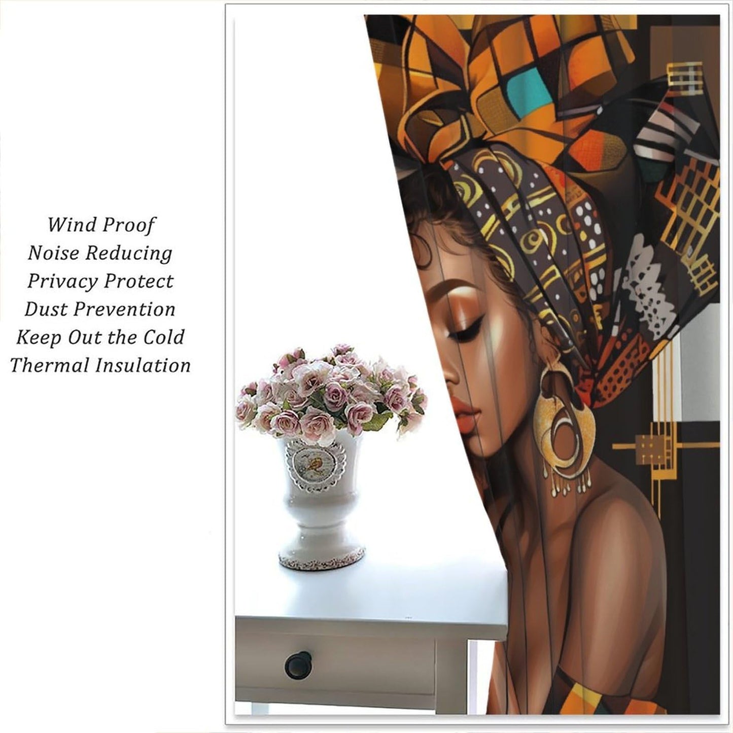 African Women Curtains Native Fashion Black Girl Headscarf Pattern Blackout Print Rod Pocket Window Drapes for Bedroom Living Room 42x45in