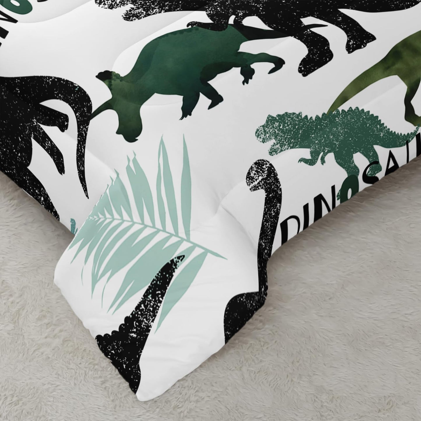 AILONEN Dinosaur Twin Kids Bedding Set,Black and Green Dinosaur Comforter Set All Season,Tropic Leaves and Roaring Dinosaur Silhouette Printed Soft Comforter with 2 Pillowcases for Boys