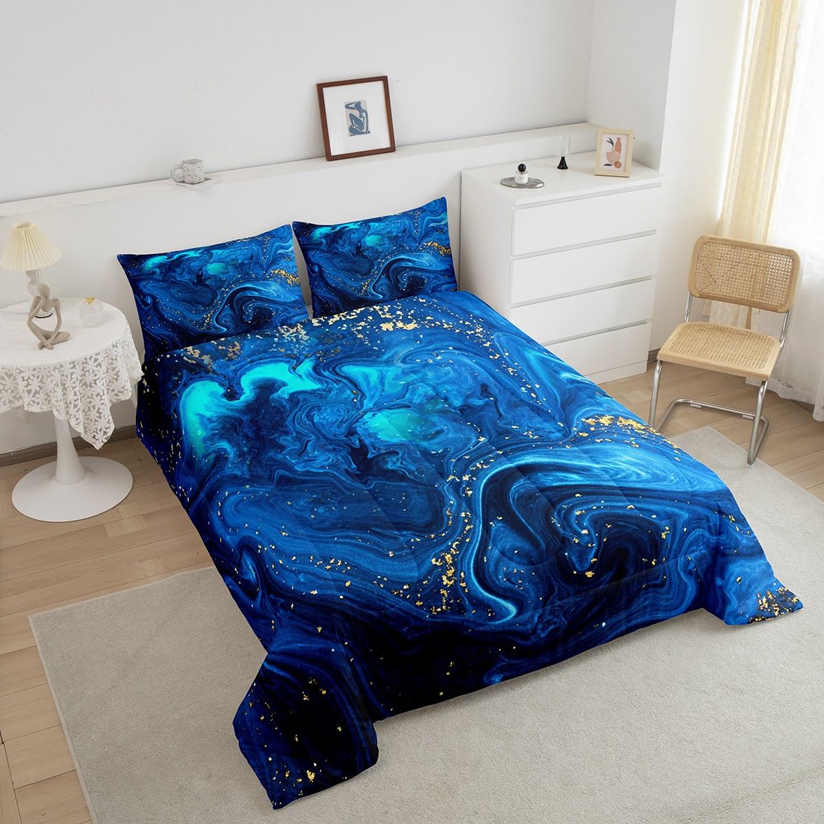 Erosebridal Ombre Blue Marble Queen Comforter Set, Black and Blue Marble Bedding Set for Men Teens Boys, Modern Golden Glitter Down Comforter, Watercolor Tie Dye Art Duvet Insert, Ocean Blue 3Pcs