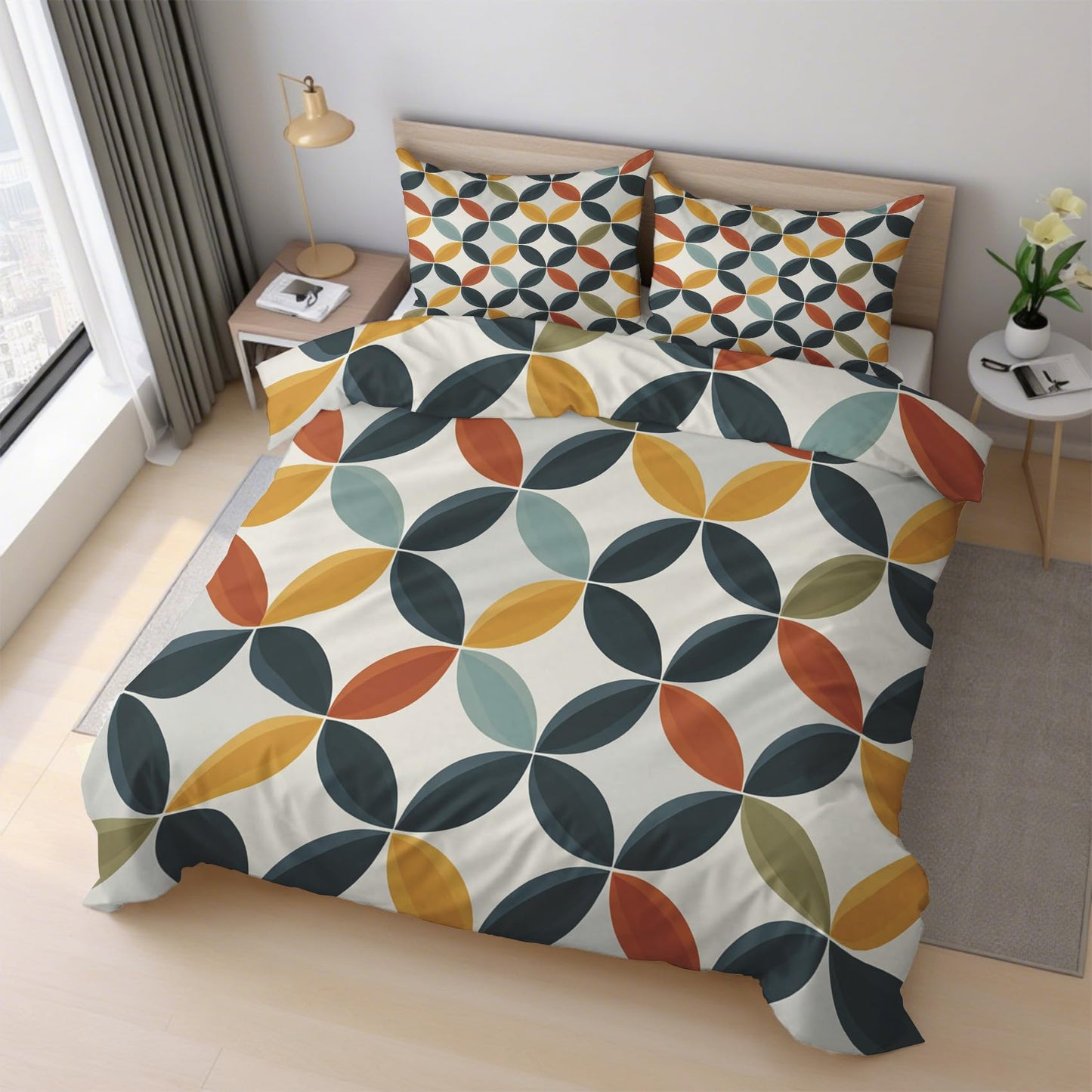 Mid Century Modern Twin Duvet Cover Set, Retro Geometric Circle Bedding Set 2 Pcs Reversible, MCM Geo Bedroom Decor, Ultra Soft Microfiber, 1 Pillow Sham, Zipper & Ties KJJT 104