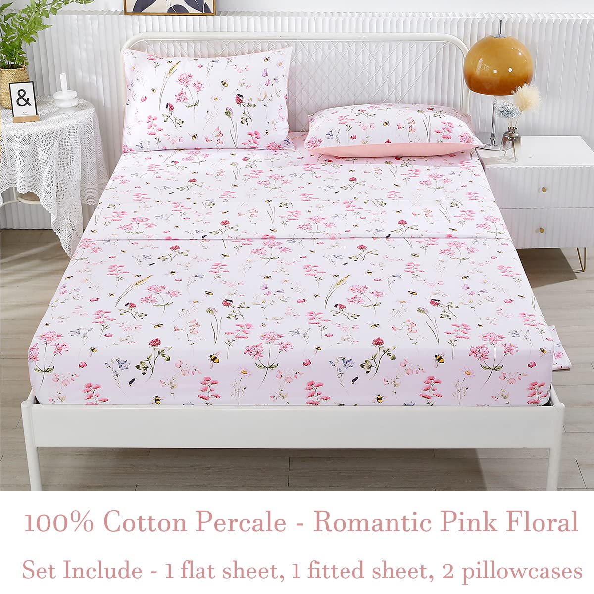 URBONUR Garden Floral Sheets 4 Piece Pink Bees Print Luxury 100% Cotton Bed Sheet Set - Silky & Smooth Bed Set for All Season Bedoom Decor Home Collection (4pcs, Queen, Pink Floral Bee)