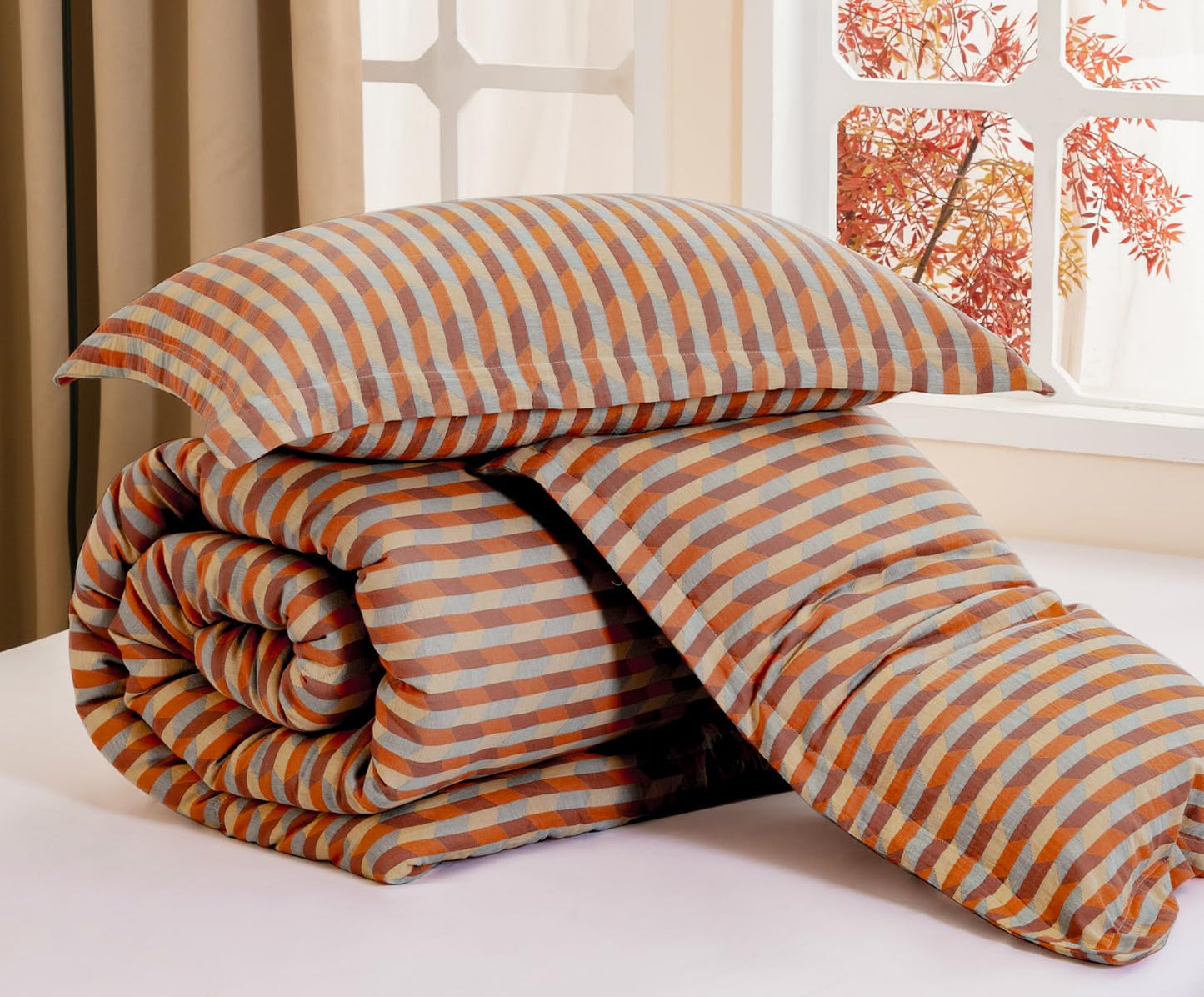 SLEEPBELLA Washed Double Layer Muslin 100% Cotton Comforter Set Queen Size, Orange & Blue Diamond Boho Pattern Fluffy Thick Checked Bedding Set, Soft Breathable (1 Comforter, 2 Pillow Shams)