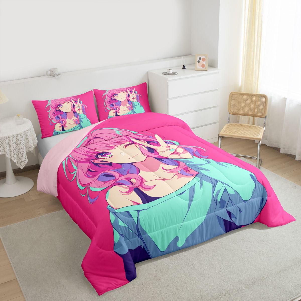 Erosebridal Japanese Anime Bedding 3D Anime Girl Comforter Set, Kawaii Japanese Style Bedding Comforter Sets Cartoon Uniform Girl Duvet Insert for Girls Hot Pink Room Decor, Full