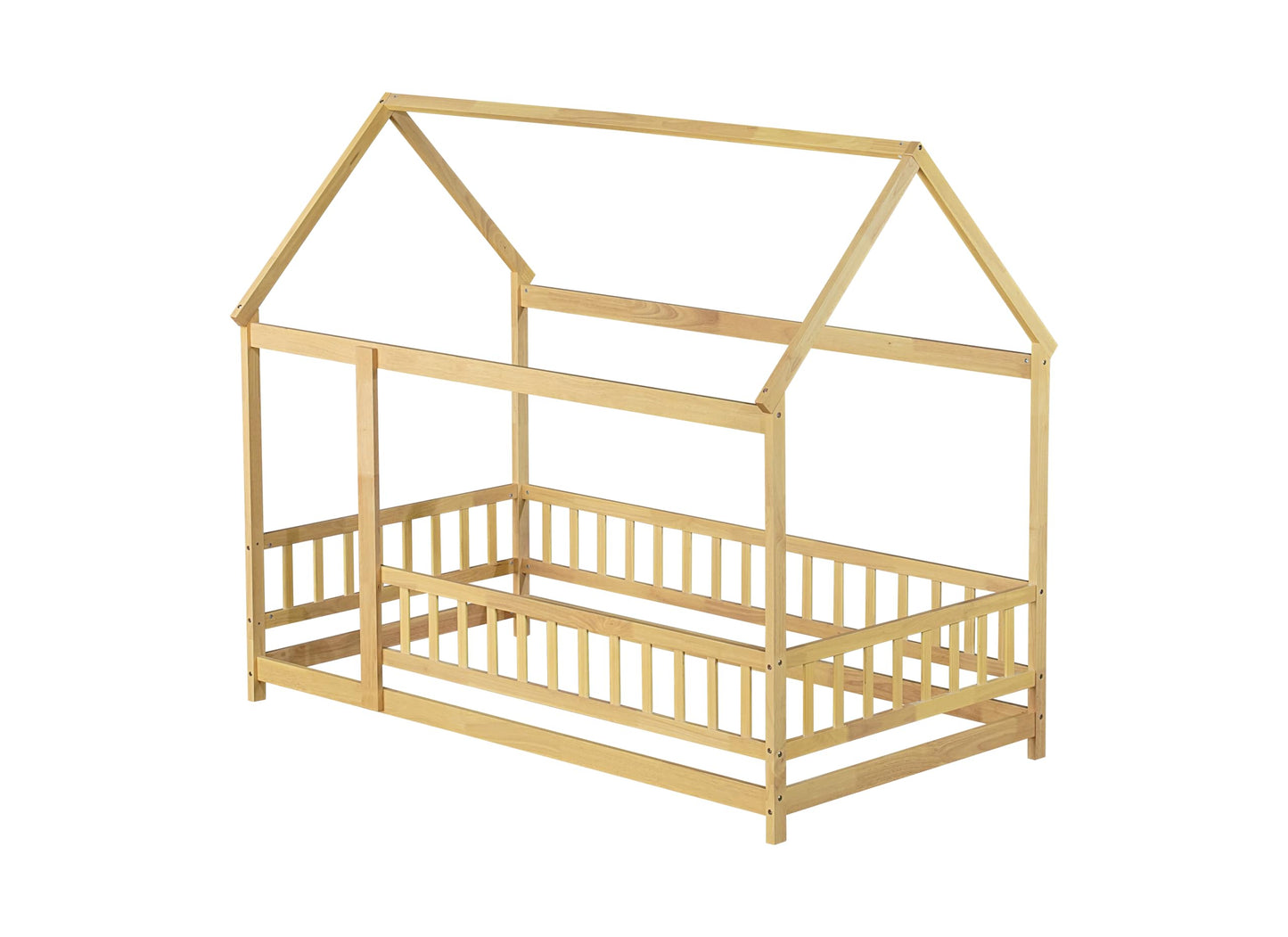 PVWIIK Twin Montessori Floor Bed with High Rails & Roof for Kids Bedroom,High Rails Bed Frame with Fence,No Box Spring Needed, Natural