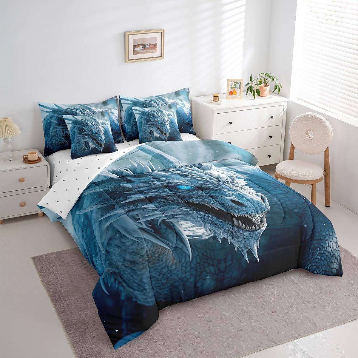 7Pcs 3D Dragon Comforter Sets & Collections Ice Dragon Queen Size Bedding Sets for Boys 3D Blue Dragon Comforter with Sheets, Mysterious Wildlife Style Quilt Comforter Set Bed in a Bag 7-Piece